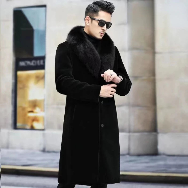 Men Fur Coat Winter Warm Luxury Brand Faux Fur Jacket Black High-end Thick Trench Coat Buttons Long Sleeve Outerwear Jackets New