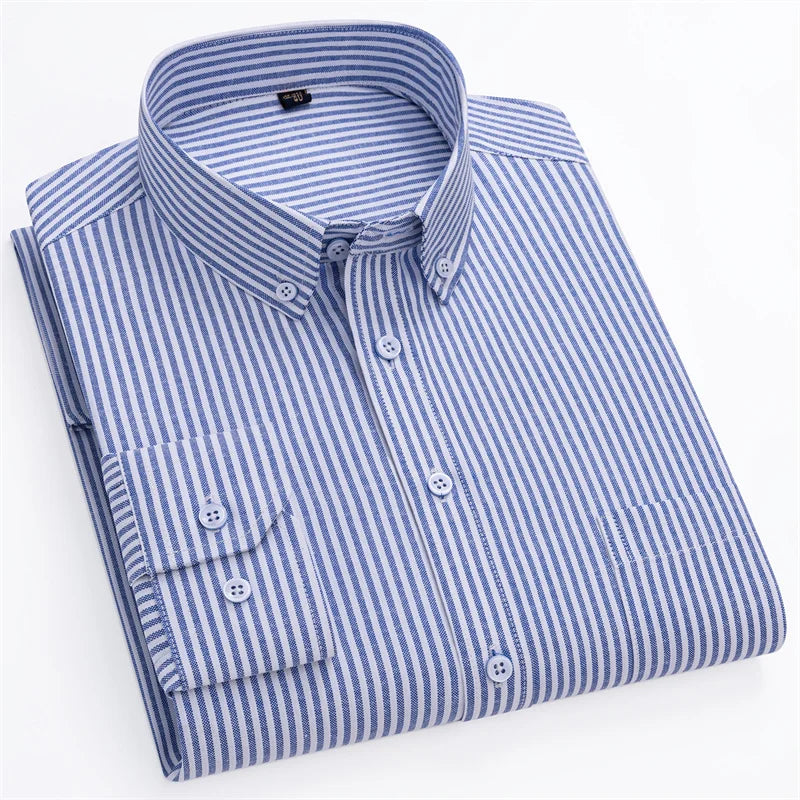 New Fashion Men's Oxford Shirts Long Sleeves Cotton Stripe Thin Soft Regular Fit Formal Shirt Pocket Social Blouse Male Clothing