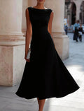 Women Draped Cowl Neck Sleeveless Waist Ruched Midi Dress Elegant Formal Wedding Guest Swing Dress