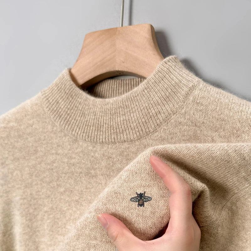 Hot Sale Luxury Brand Men's Sweater Mock-Neck Bee Embroidery Pullover Soft Warm Fashion Exquisite Thick Autumn Winter Men's Wear