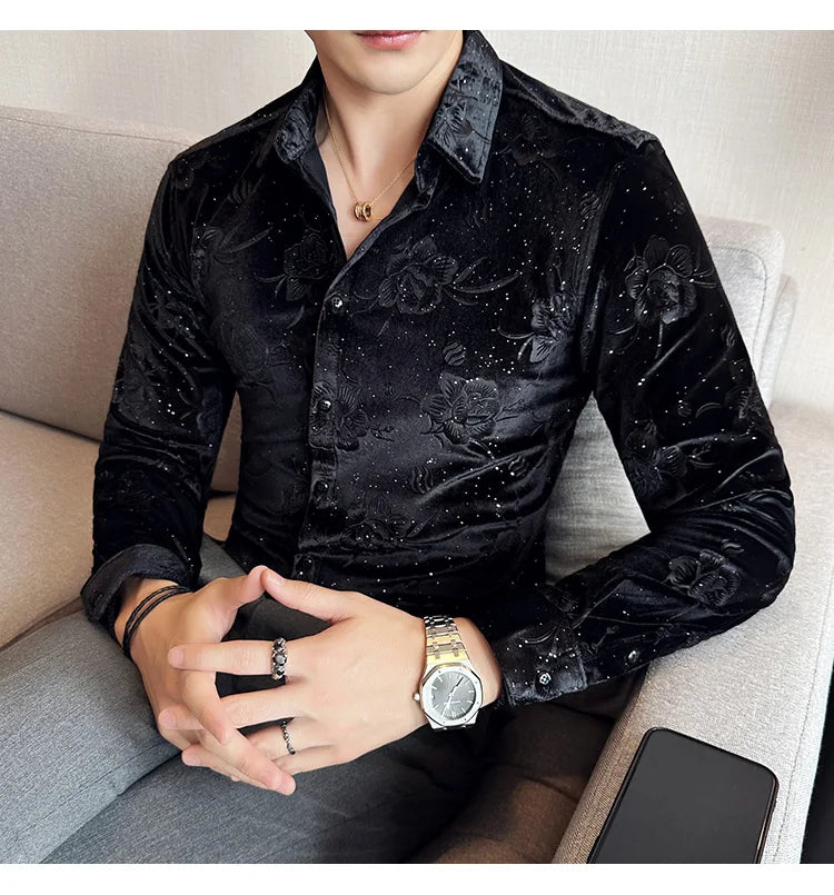 Men's Long Sleeve Velvet Flower Shirt New Luxury Printed Business Casual  Dress Shirts Formal Social Party Turn Down Collar Tops