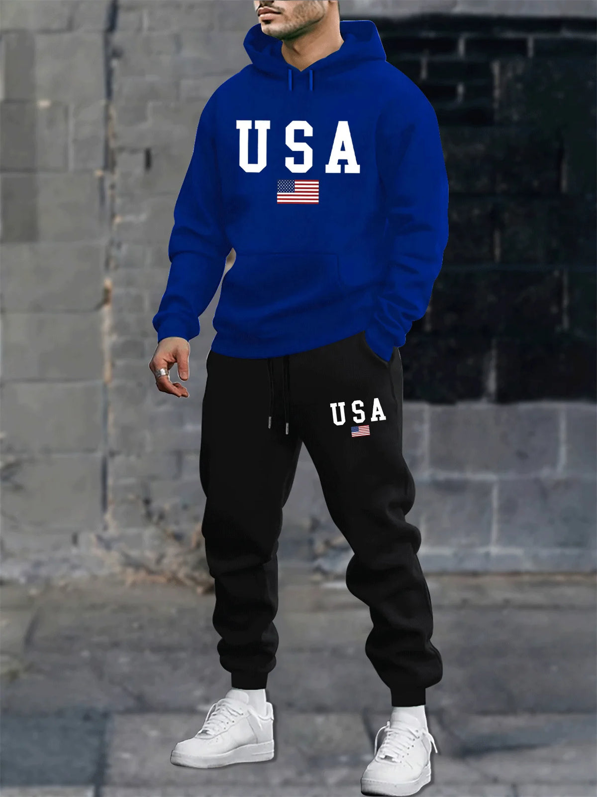 Men's autumn and winter casual fashion warm American flag USA pattern print loose plush thick hooded sweatshirt+sweatpants set