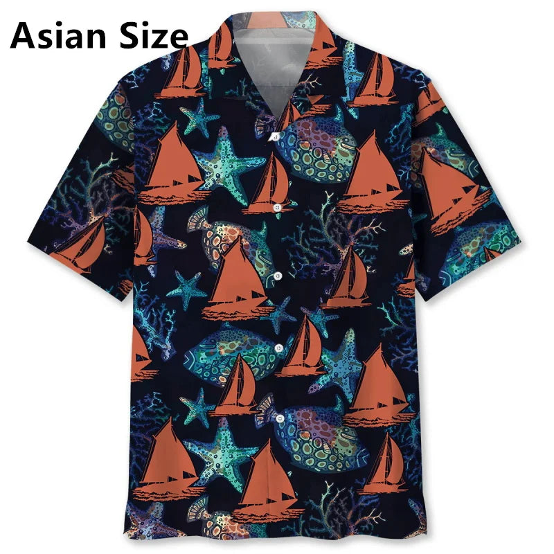 Men's Sailboat Tropical Flower Hawaiian Shirt Clothes Full Print Summer Short Sleeve Beach Shirts Blouse Men's Button Up Shirts