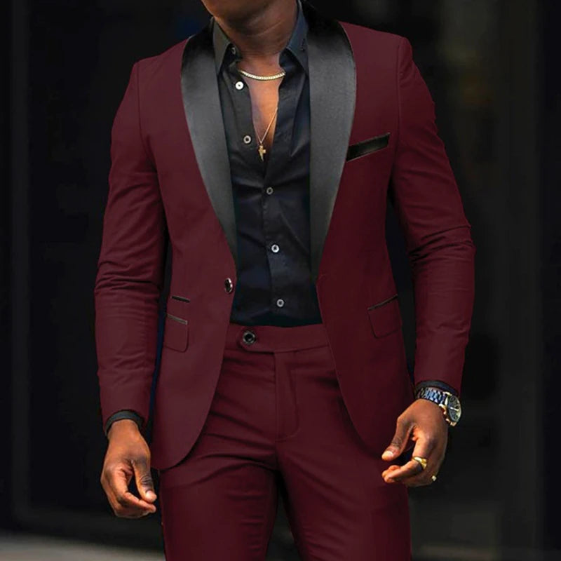 Fashion Men's Suits 2 Pieces Stretch Fabric Double Slit Solid Color Business Slim Dress Blazers Jacket Suit Coat Pants Trousers