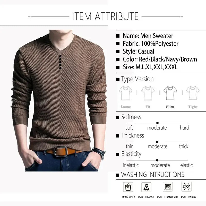 TFETTERS 2026 Men Sweater Casual V-Neck Pullover Men Spring Autumn Slim Sweaters Long Sleeve Mens Sweater Knitted Shirt Homme