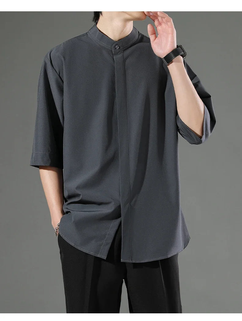 Summer Thin Short-sleeved Shirts Men Japanese Style Loose Stretch Business Casual Shirts Male No-iron Stand Collar Formal Tops