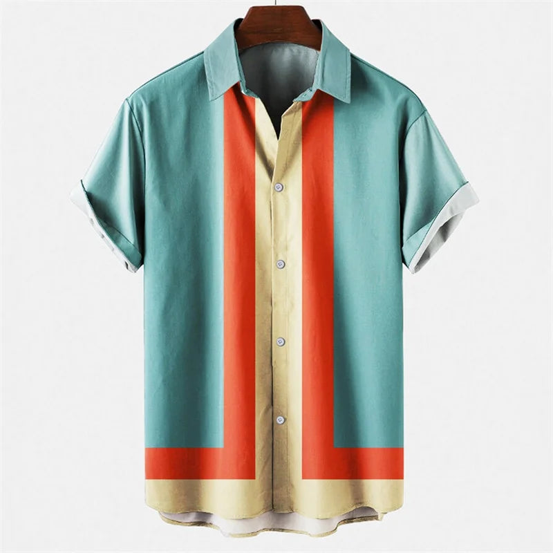 Mens Hawaiian 3d Stripe Print Shirt Harajuku Summer Fashion Short Sleeves Casual Beach Vacation Button Loose Aloha Shirts