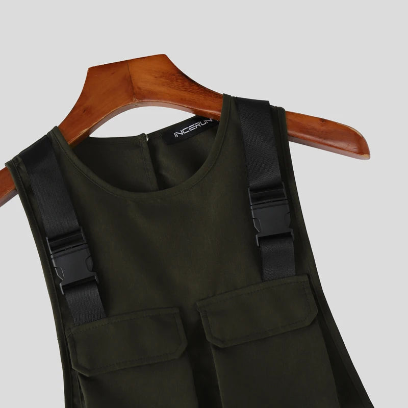 INCERUN Men's Tank Tops Solid Color O-neck Sleeveless Pockets Male Vests Summer Streetwear Loose 2026 Fashion Casual Men Clothes