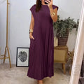 Women's Sleeveless Dress, Mid-Length Pleated Solid-Colour Round Neck Loose-Fit Casual Long Dress for Everyday Commuting