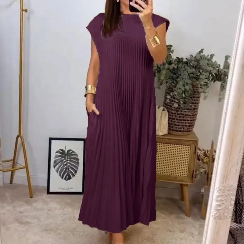 Women's Sleeveless Dress, Mid-Length Pleated Solid-Colour Round Neck Loose-Fit Casual Long Dress for Everyday Commuting