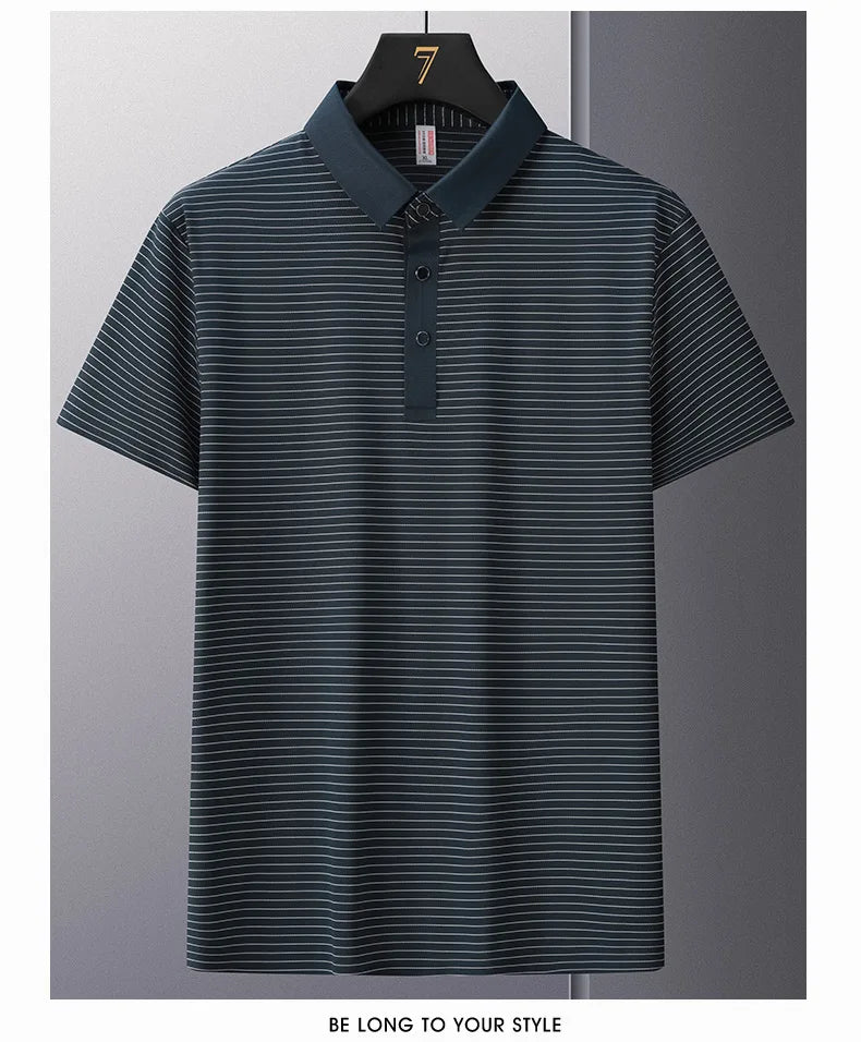 Men's Polo Shirt Summer New Lapel Men's Short Sleeve Polo Shirt Striped Ice Silk Business Casual Men's Polo Shirt M-6XL 7XL 8XL