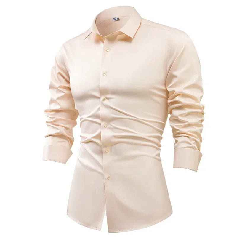 2025 Spring Autumn Royal Blue Silk Satin Long-sleeved Dress Shirts for Men, Navy Blue Business Casual Non-iron Wrinkle Camisas