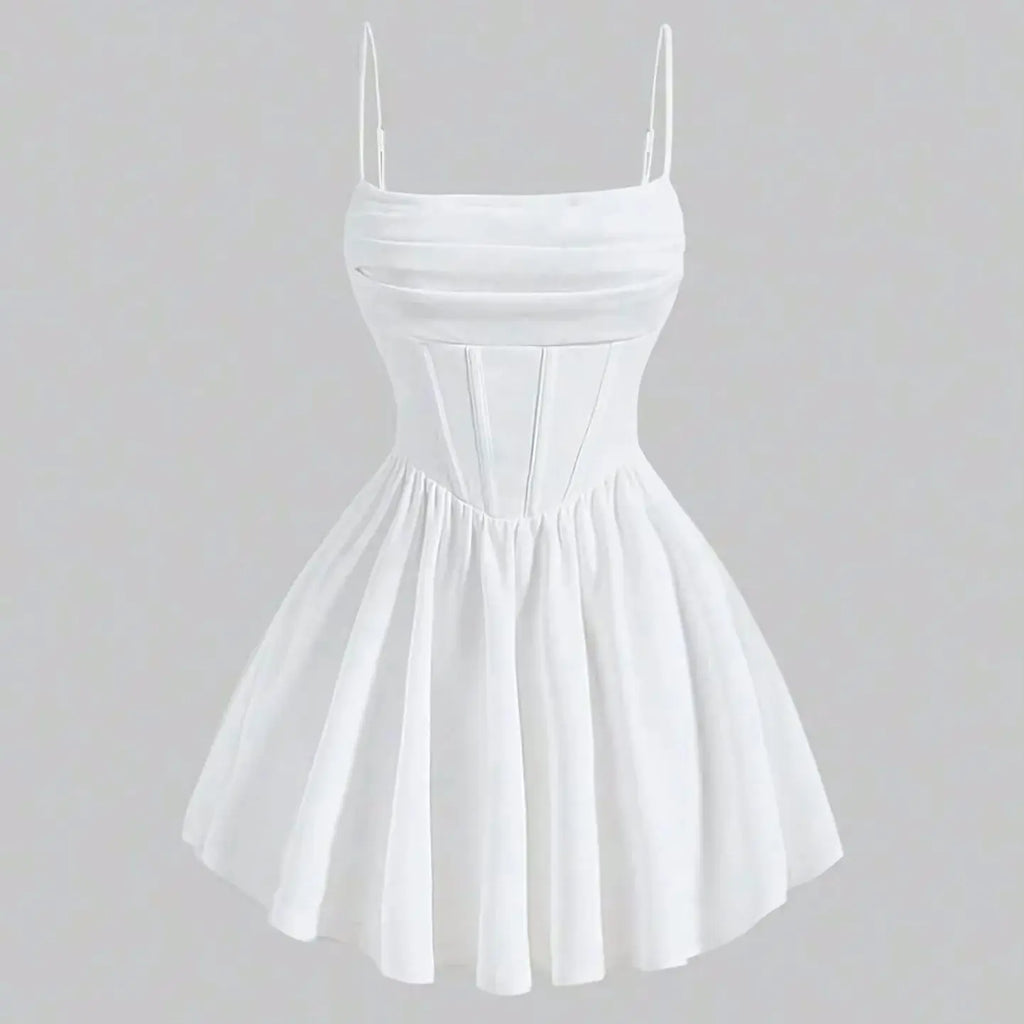 Women's Dresses 2025 Summer Elegant Solid Color Sleeveless Square Neck Mini Dress Zipper Sweet Dating Pleated Strap A-Line Dress