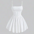 Women's Dresses 2025 Summer Elegant Solid Color Sleeveless Square Neck Mini Dress Zipper Sweet Dating Pleated Strap A-Line Dress