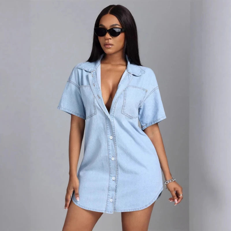 Women Short Dress Denim Dresses A Line Vestidos Y2k Streetwear Turn Down Collar Elegant Splice Party Night Work 2026 Summer