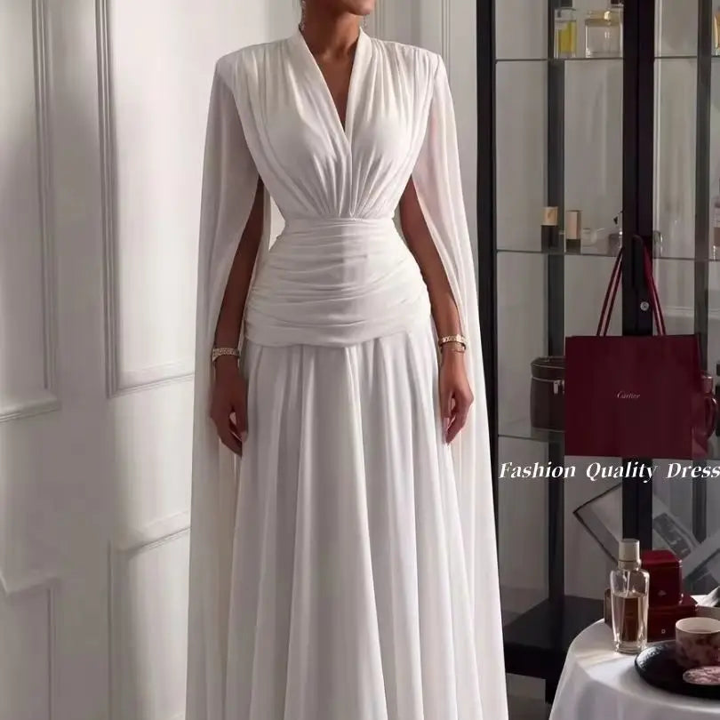 Evening Dress for Women White V Neck Cape Sleeve Chiffon Long Gown Ruched Waist Elegant Formal Party Maxi Dress Customized