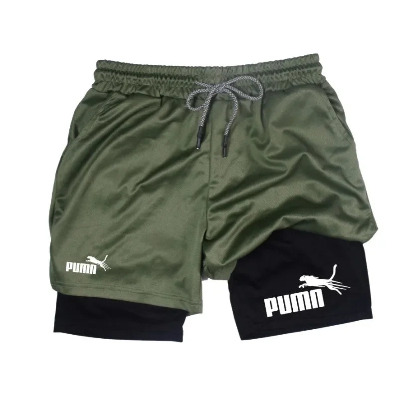 Men's Quick Dry Breathable 2-in-1 Double Layer Sports Shorts, Elastic Compression Liner Athletic Shorts