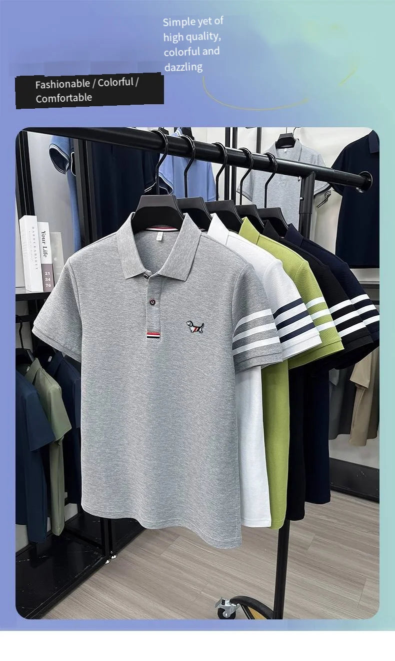 100% Cotton Summer Men's Short-Sleeved Polo Shirt Lapel Button Striped Print Business Casual Golf High-Quality Men's Clothing