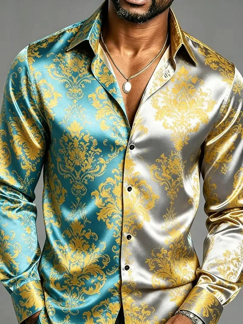Satin Silk Long Sleeve Baroque Floral Printed Men Dress Shirts Slim Fit Party Nightclub Casual Formal Tops