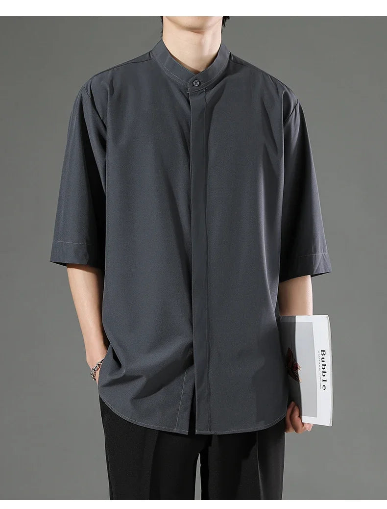 Summer Thin Short-sleeved Shirts Men Japanese Style Loose Stretch Business Casual Shirts Male No-iron Stand Collar Formal Tops
