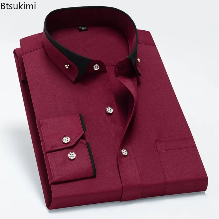 2026 Men's Long Sleeve Business Dress Shirts Solid Formal Button-Down Social Collar Camisa Elastic Anti-wrinkle Casual Men Shirt