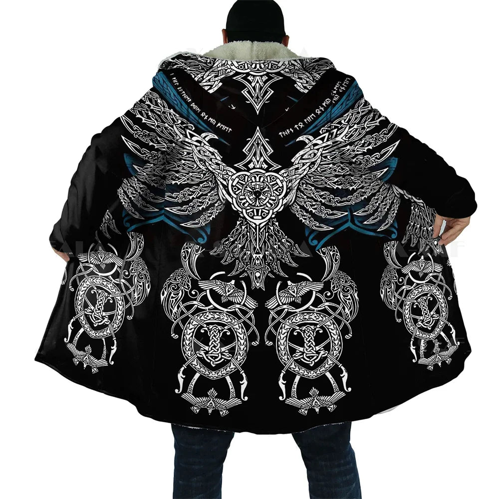 CLOOCL Thick Warm Hooded Cloak for Men Tattoo Symbol Pattern Armor Overcoat Coat 3D Print Windproof Fleece Cape Hooded Blanket