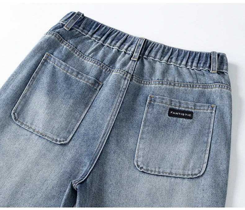 Autumn Casual Men's Straight Jeans Fashion Loose Vintage Elastic Waist Trousers Light Blue Personality Wide Pants Denim Male