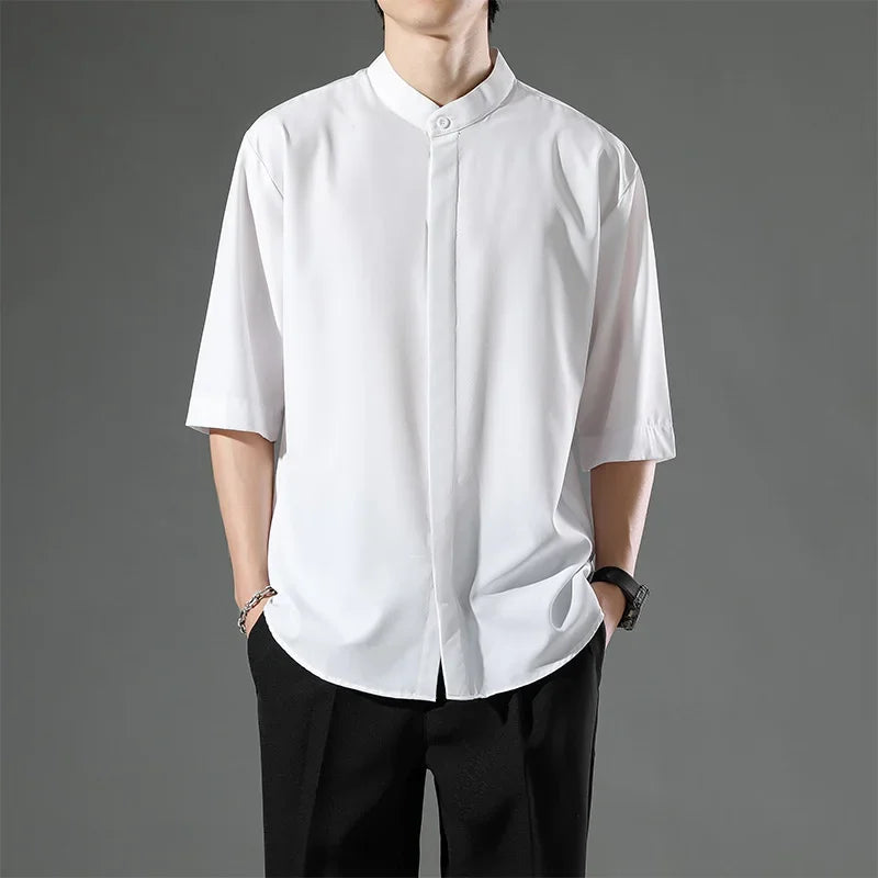 Summer Thin Short-sleeved Shirts Men Japanese Style Loose Stretch Business Casual Shirts Male No-iron Stand Collar Formal Tops