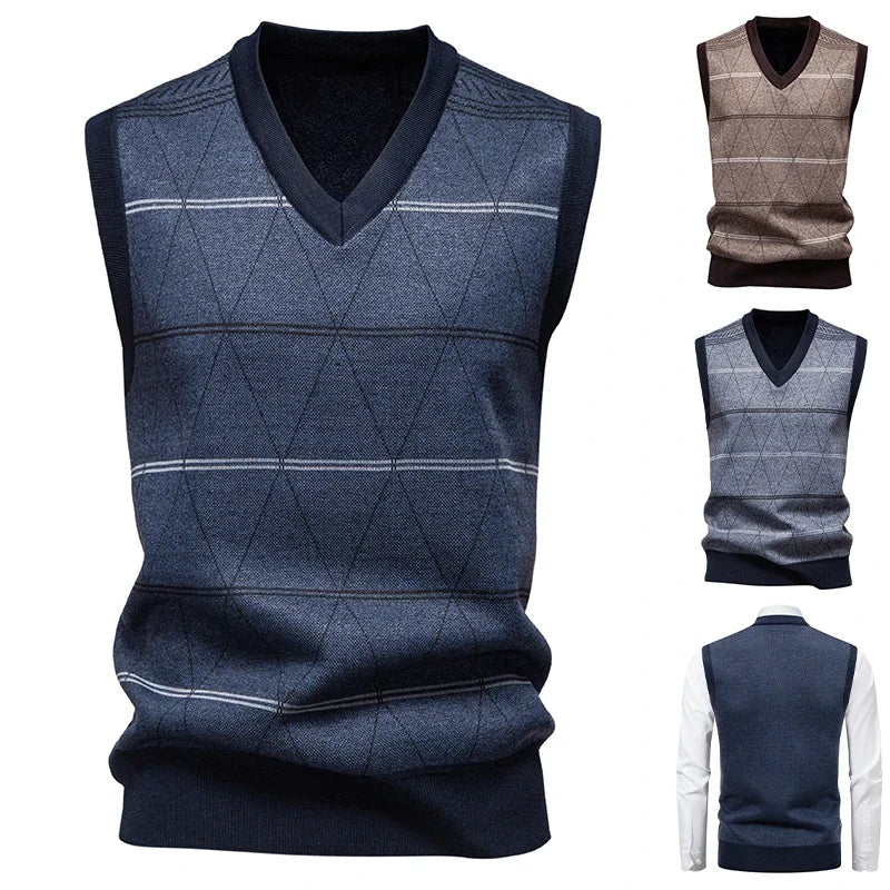 2026 Men's V-neck Knitted Sweater Warm Autumn Winter Diamond Grid Twisted Flower Casual Fashion Versatile Knit Top