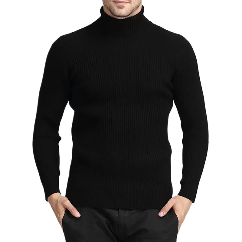 New Men's Turtleneck Sweaters Autumn Knitted Striped Streetwear Warm Long Sleeved Pullover Breathable Solid Color Basic Coat