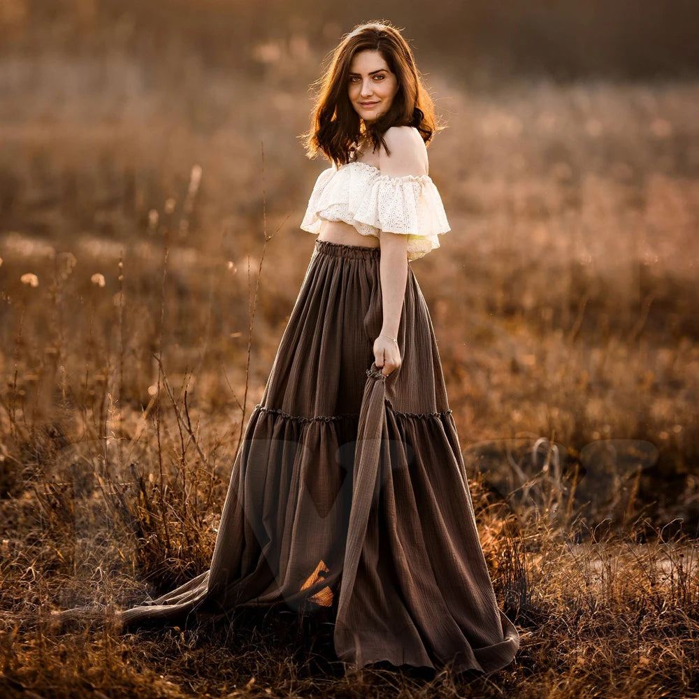 Bohemian Photo Shooting Pregnancy Dress Dual color design Two-Pieces Set Vintage Lace Top and Linen Cotton Skirt Pregnant Women