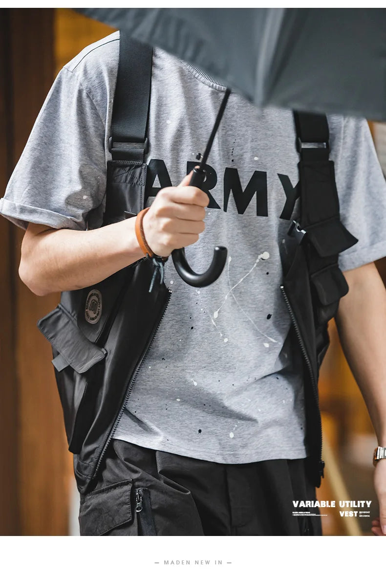 Maden Men Multi-pocket Tactical Vest Jacket & Bag Japan Retro Multi-function Photography Waistcoat Wide Shoulder Strap Solid Bag