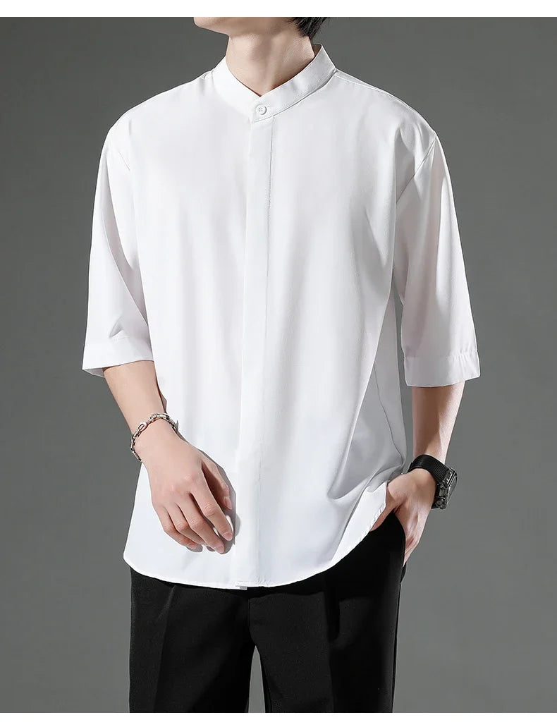 Summer Thin Short-sleeved Shirts Men Japanese Style Loose Stretch Business Casual Shirts Male No-iron Stand Collar Formal Tops