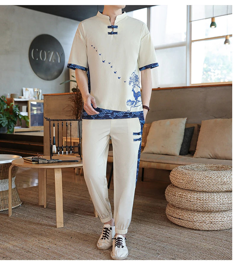 Shirts + Pants summer Cotton linen shorts sleeve shirts Men's Casual Sets Male Fashion trousers and shirts men size M-4XL TZ020