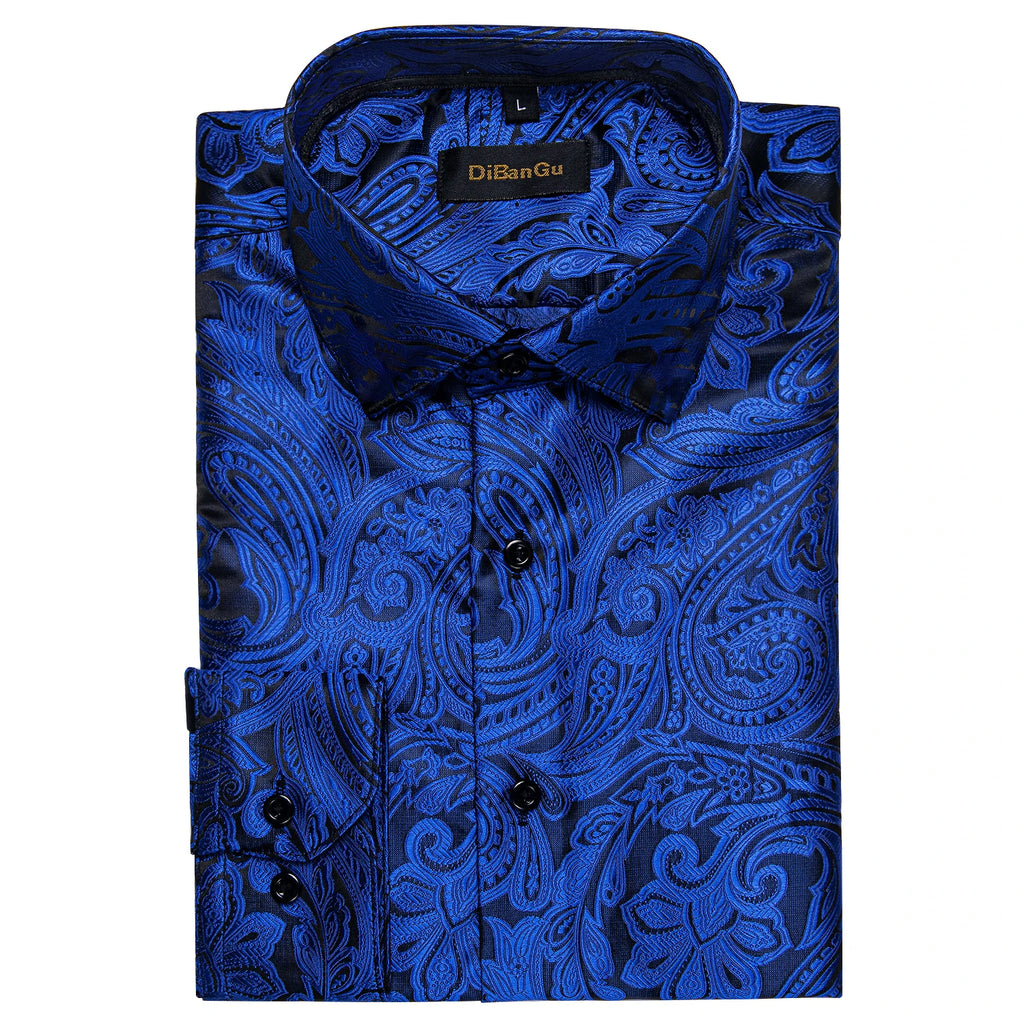 Brand New Men's Royal Blue Business Shirts Luxury Fashion Paisley Long Sleeve Turn-Down Collar Social Shirt Male Casual Blouse
