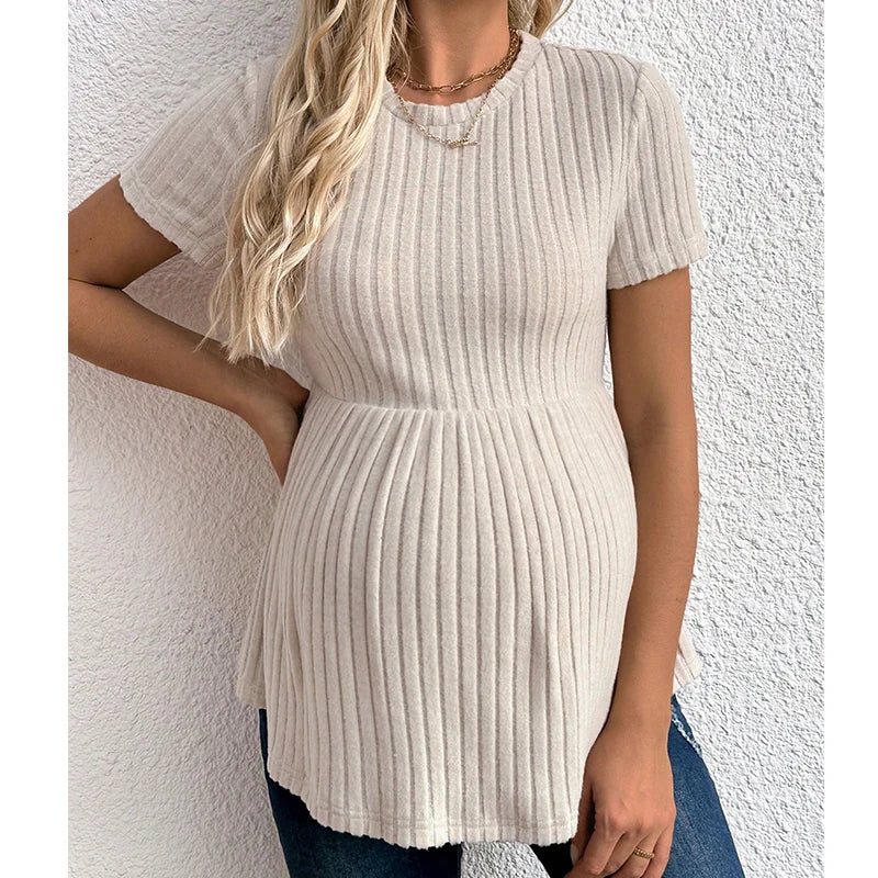 Pregnant Women Clothing Knitted Tees Maternity Clothes Pregnant Women Short Sleeve Monochrome Daily Leisure T-shirt