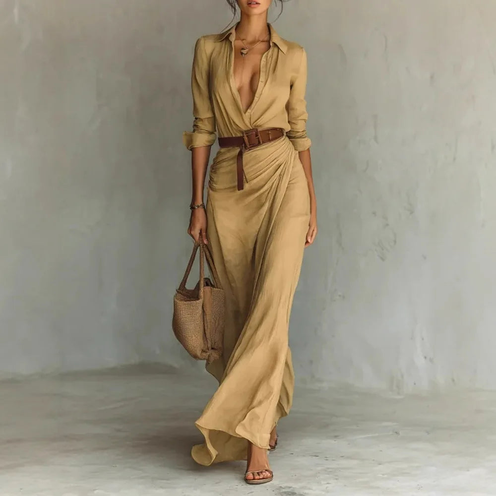 Women's Casual Dresses 2026 Summer Elegant Chic Evening Dress Sexy Solid Color Beach Dress Pleated Belted White Female clothing