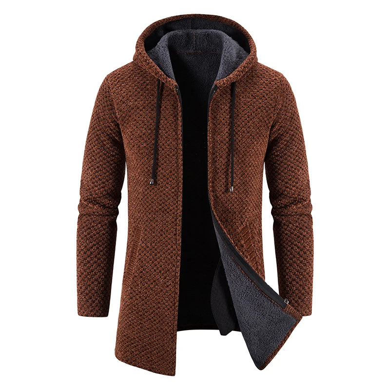 Men Winter Long Trench Coat 2023 Knit Sweater Jacket Fleece Wind Breaker Navy Turn-down Hoodies Zipper Cardigan Male Overcoat