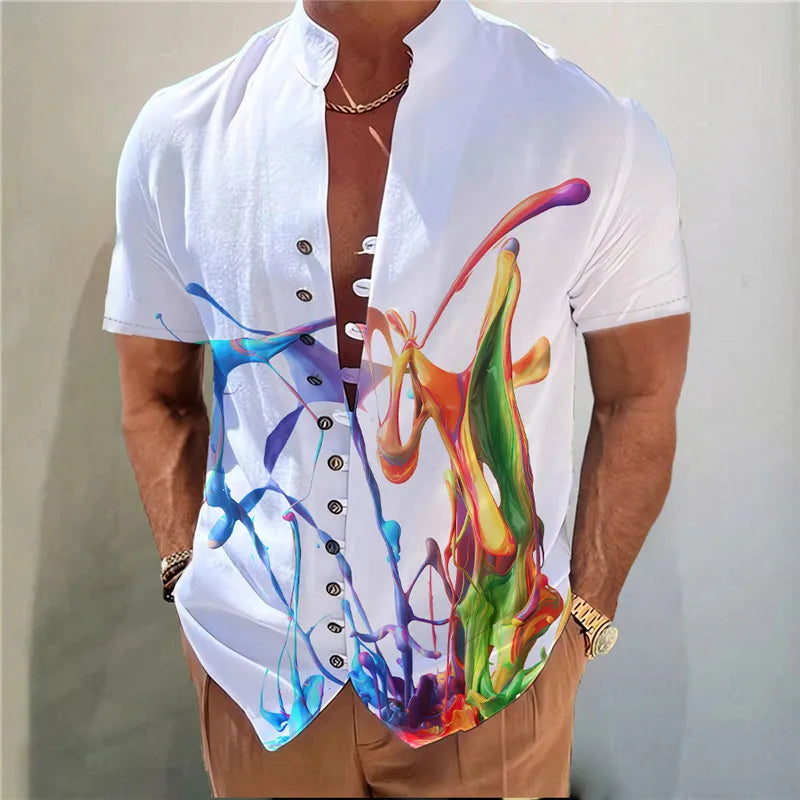 2025 Men Shirts New Print Button Shirt Fashion Stand Collar Loose Fitting Men's Shirts Casual Streetwear Comfortable