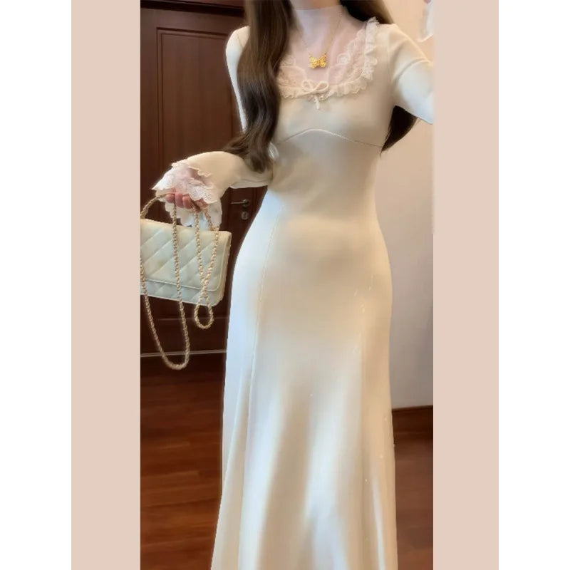 White Knitted Dress for Women, Autumn and Winter 2025 New Style, Long Dress for Layering with A Coat