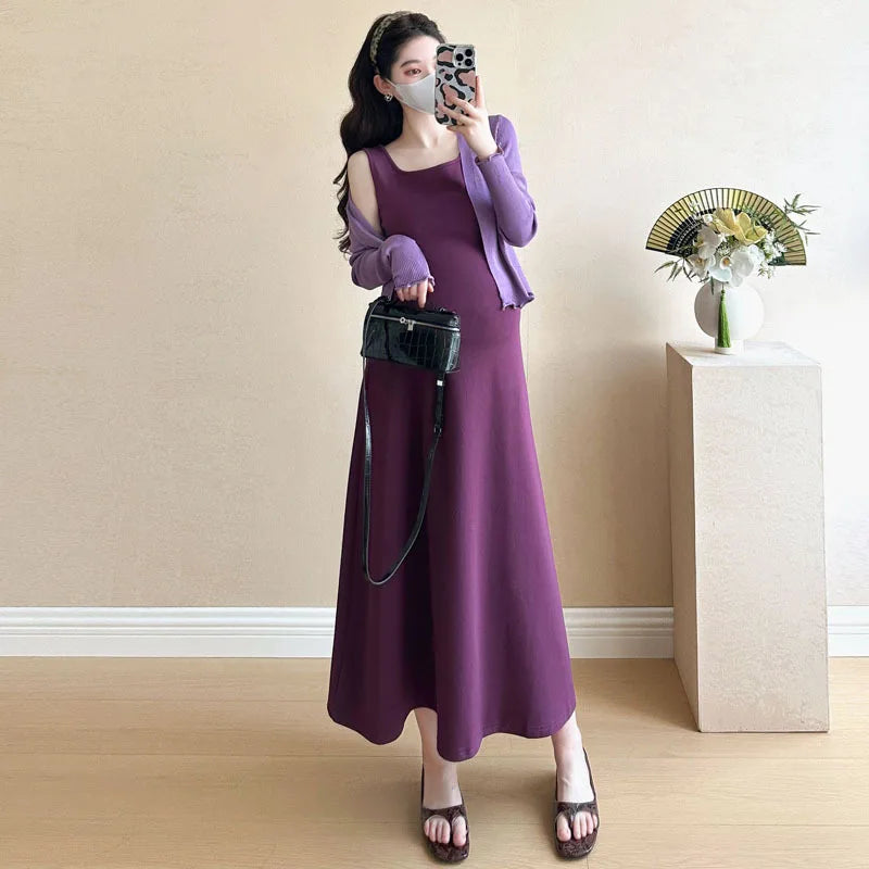 Maternity Clothes Spring Summer Elegant Purple Square Neck Sleeveless Dress And Long Sleeve Knit Cardigan For Pregnant Women