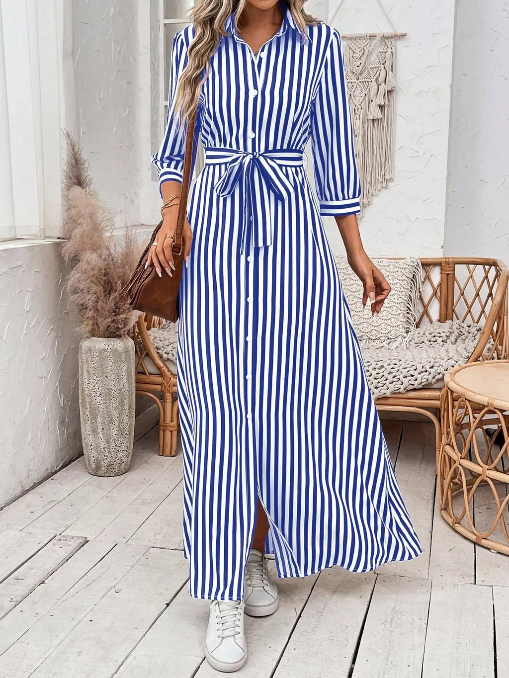 Women's Casual Elegant Striped Print Dress Fashionable Trendy Patterned Gown for All Seasons