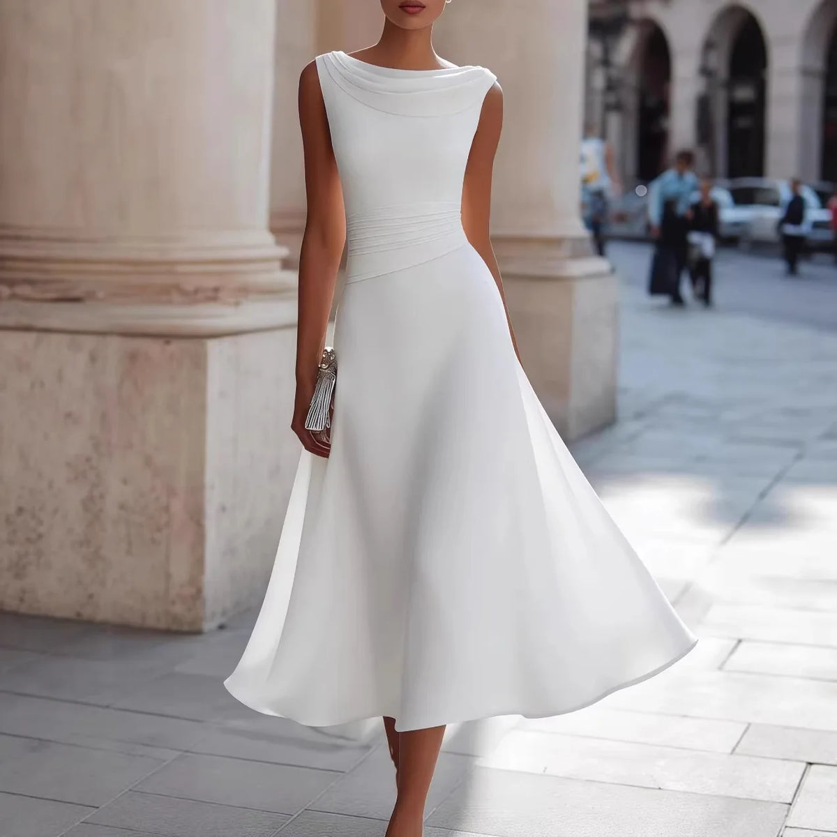 Women Draped Cowl Neck Sleeveless Waist Ruched Midi Dress Elegant Formal Wedding Guest Swing Dress