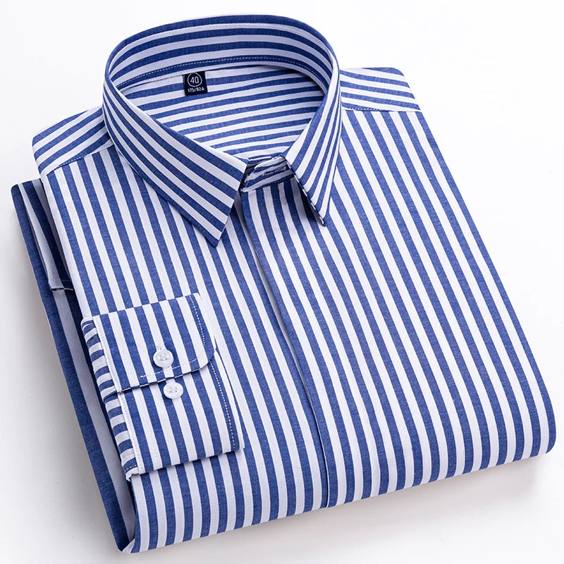 Quality Concealed Button Men Shirt Long Sleeves Dress Shirts For Men Slim Fit Camisa Social Business Blouse Stripe Shirt S-4XL