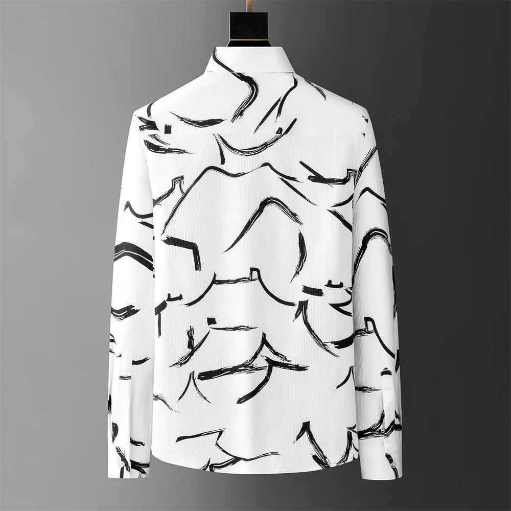 British Style Printed Men's Shirt Long Sleeve Loose Casual Shirts Men Clothing 2025 Summer Business Social Party Tuxedo Blouse