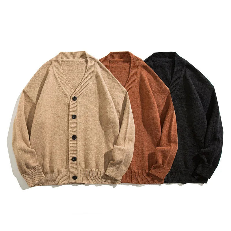 Autumn Winter Men Casual V-Neck Cardigan Sweaters Solid Color Long Sleeve Outerwear Single-breasted Male Loose Knitted Coats