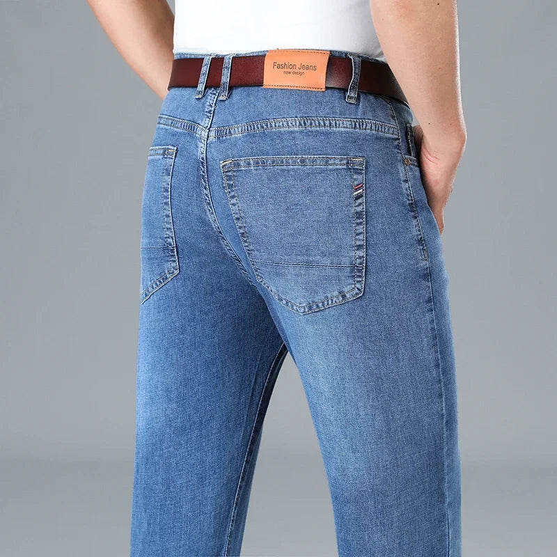 2026 Summer Thin Men's Cotton Jeans New Fashion Gray Elastic Straight Business Casual Pants Comfortable Brand Trousers