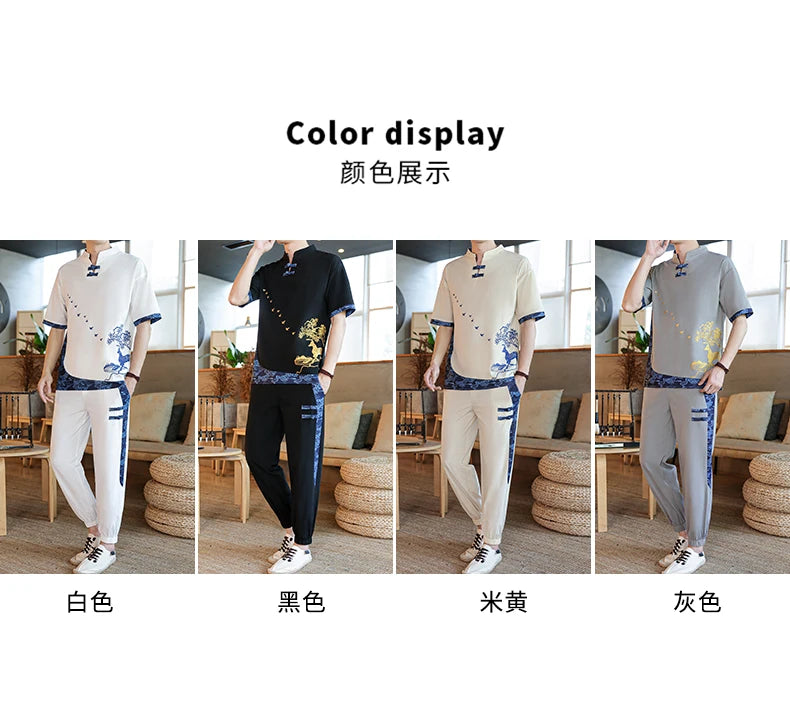Shirts + Pants summer Cotton linen shorts sleeve shirts Men's Casual Sets Male Fashion trousers and shirts men size M-4XL TZ020