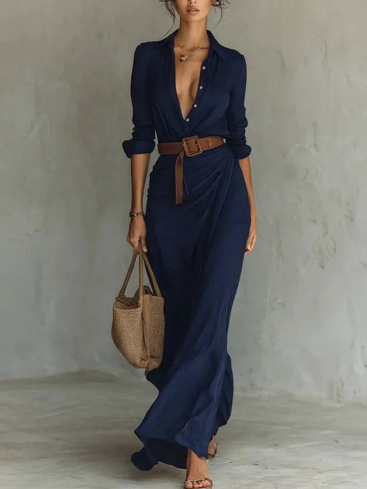 Women's Casual Dresses 2026 Summer Elegant Chic Evening Dress Sexy Solid Color Beach Dress Pleated Belted White Female clothing