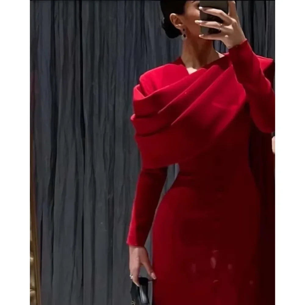 Customized Elegant Red Womens Dresses Long Sleeves Pleated Straight Ankle Length Wedding Party Dresses Formal Ocn Dress